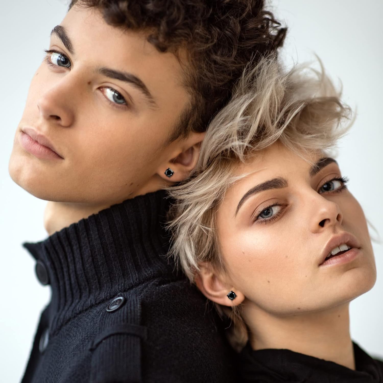 Leander 925 Sterling Silver Black Onyx Stud Earrings For Men Women, Hypoallergenic Mens Viking Rune Square Simulated Diamond CZ Studs Cushion/Round/Princess Cut Onyx Earrings Fine Jewelry