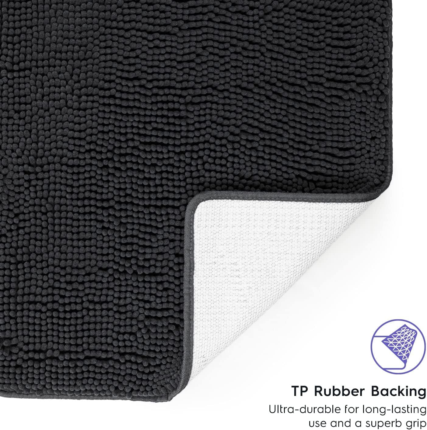 Bathroom Rugs, Extra-Thick Memory Foam Bath Mat, Ultra-Soft Chenille Microfiber, Highly Absorbent, Machine Washable, Shaggy Bath Mats for Bathroom, Rectangle Cutout (21x32 + 20x22, 2pcs) Black
