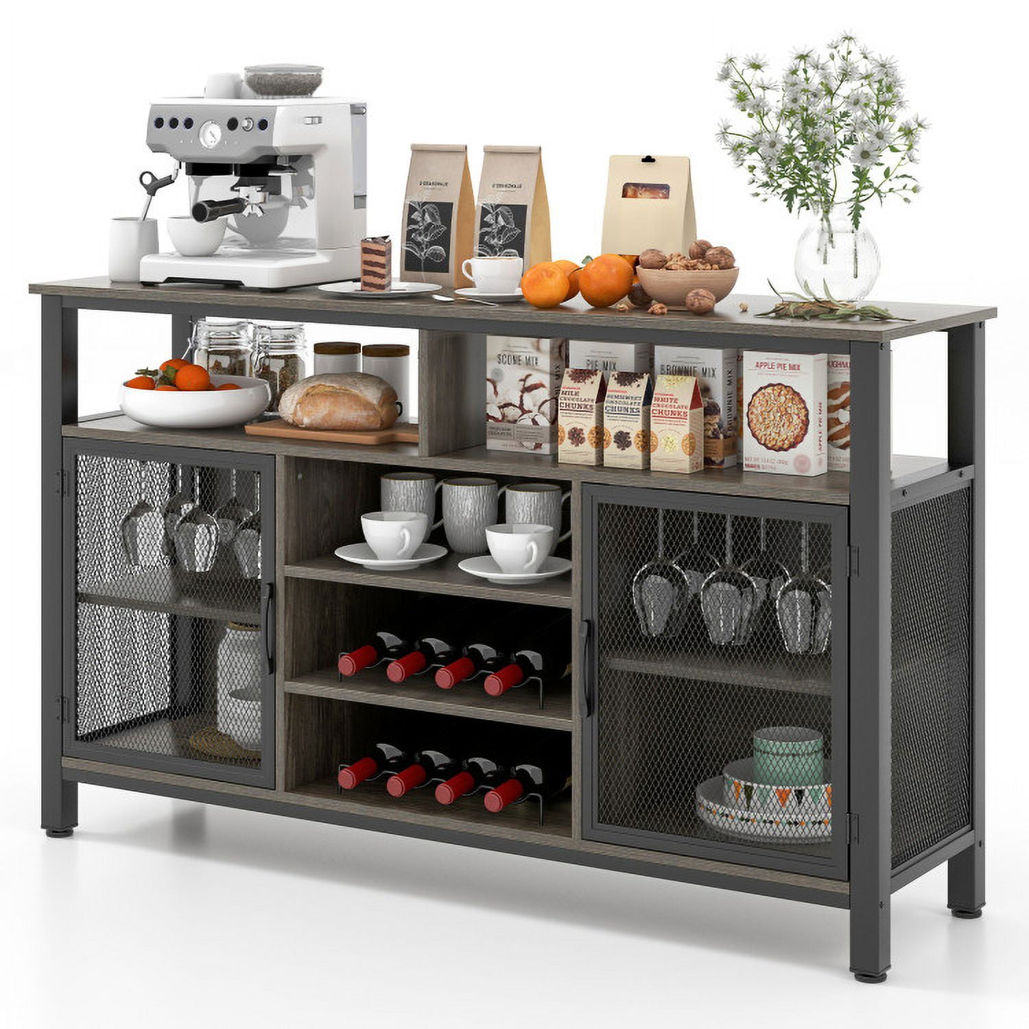 Finihen Kitchen Storage Cabinet, Buffet Sideboard, 55-Inch Buffet Sideboard with 8-Bottle Wine Racks and Wine Glass Holders, for Dining Room, Kitchen, Living Room, Gray Finihen Kitchen Storage Cabinet, Buffet Sideboard, 55-Inch Buffet Sideboard with 8-Bottle Wine Racks and Wine Glass Holders, for Dining Room, Kitchen, Living Room, Gray