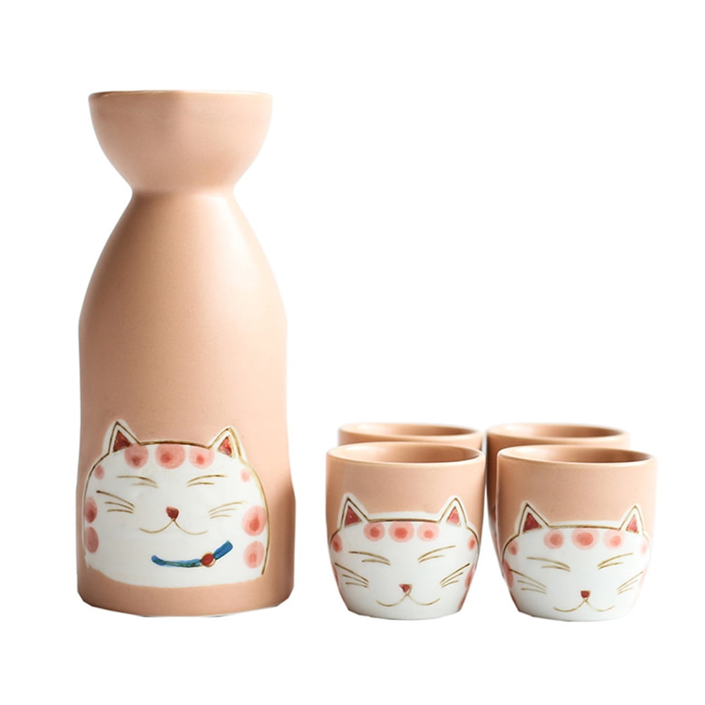 Lucky Cat Japanese Sake Serving Kit with 4pcs Cups Traditional Ceramic