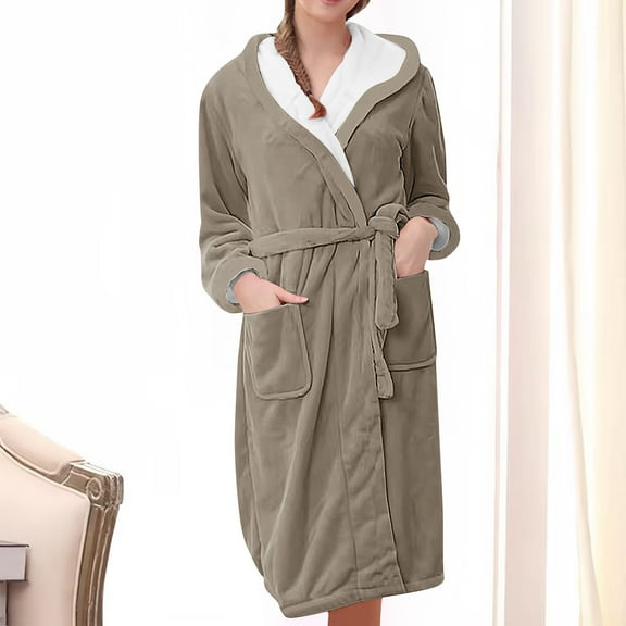 Fanxing Women Plush Fleece Hooded Robes, Soft Winter Warm Knee Lenght Bathrobes, Lady Cozy Spa Robe with Pocket Brown 3XL