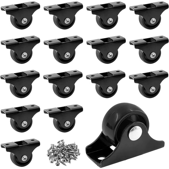 20 Pcs 1" Caster Wheels Rigid Non Swivel Fixed Casters with Metal Top Plate Black Hard Plastic Wheels for Furniture, Black