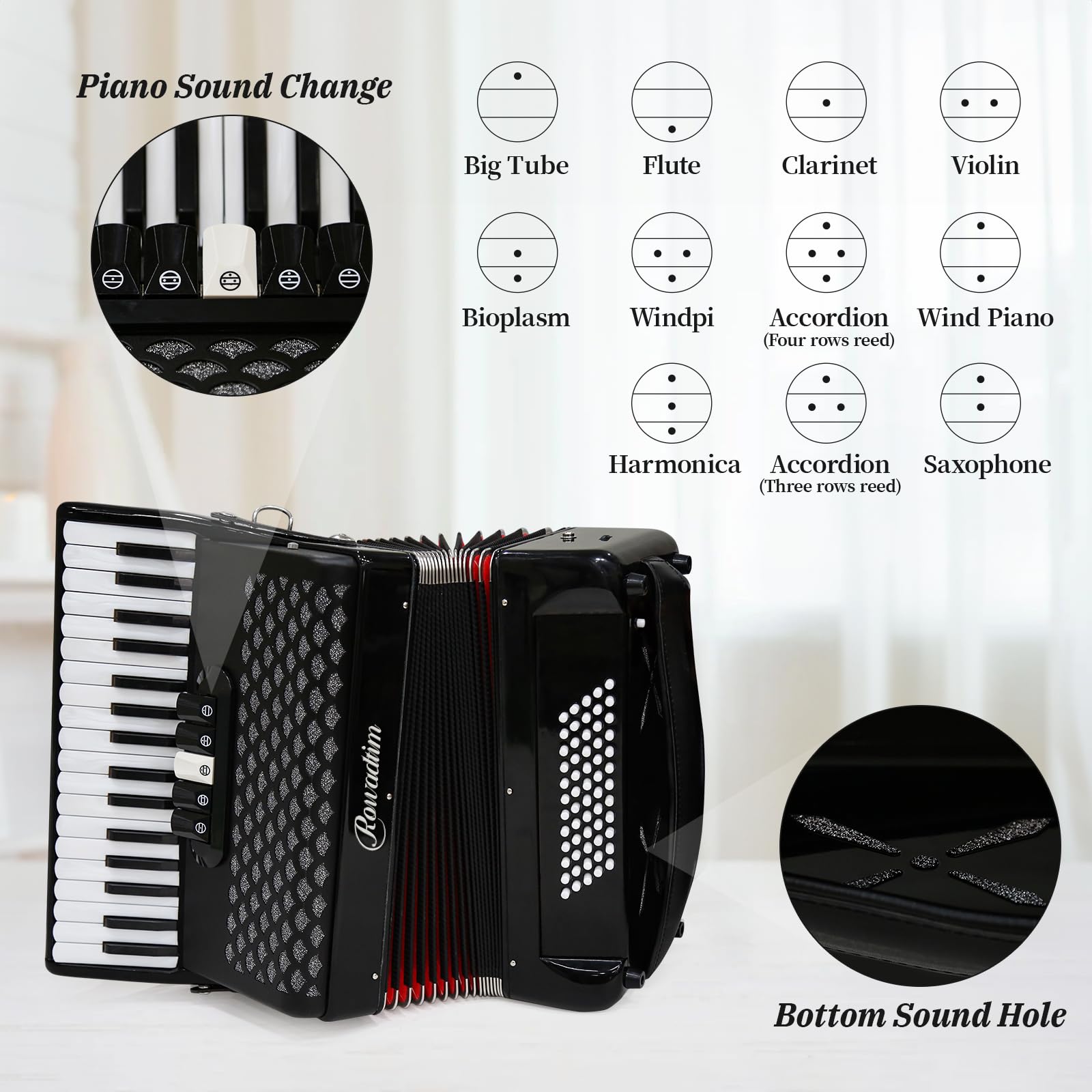 Rowadtim 34-Key Accordion, 60-Bass Accordion — Perfect for Beginners and Ideal Choice for Musicians and Teachers; with Carrying Case, Shoulder Strap, Gloves and  Cleaning Cloth (Black)