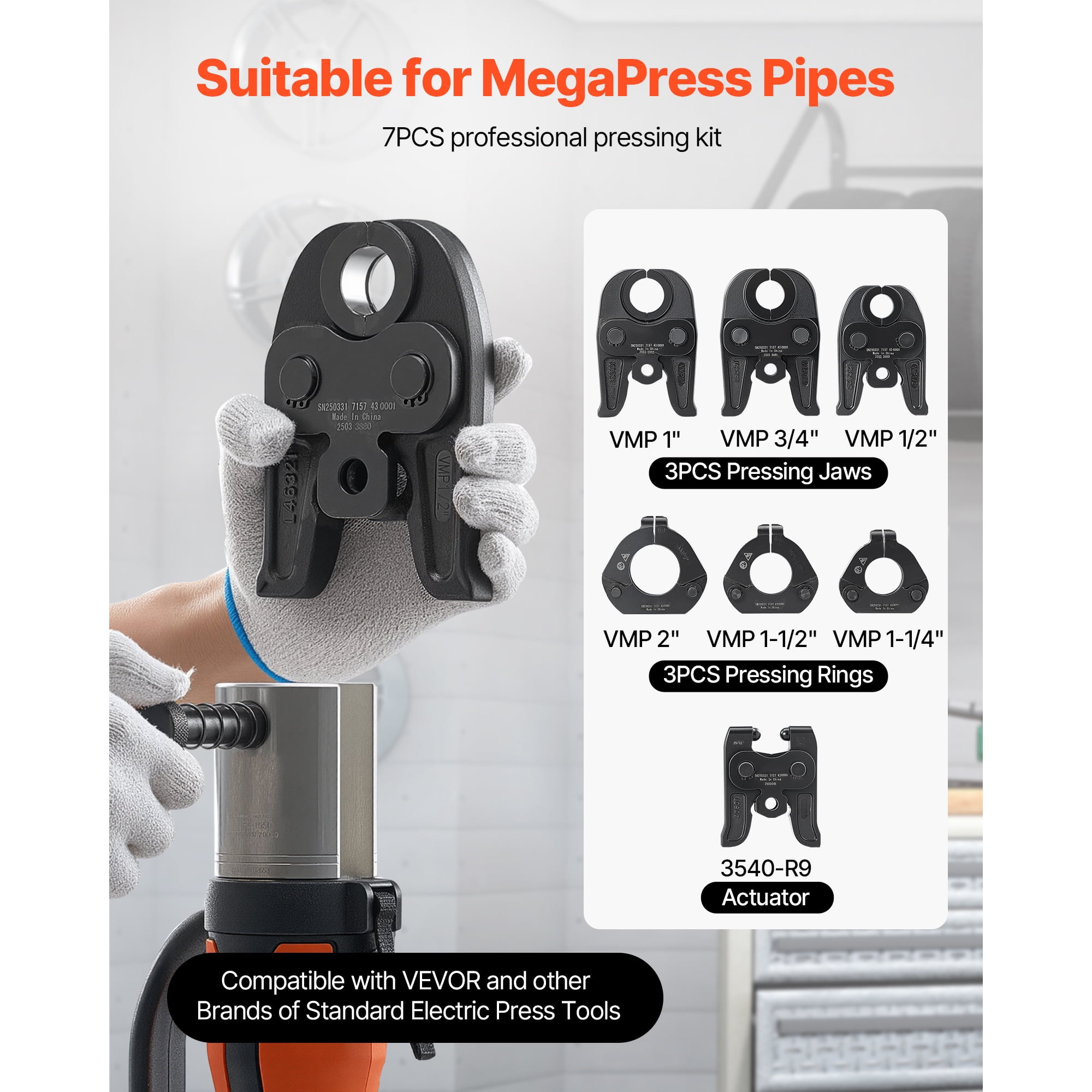 KFFKFF 7-Piece Pressing Kit for Carbon Steel Pipes - Includes 3 Press Jaws, 3 Press Rings, and 1 Actuator, Compatible with Standard Press Tools, Suitable for Pipe Sizes from 1/2" to 2"