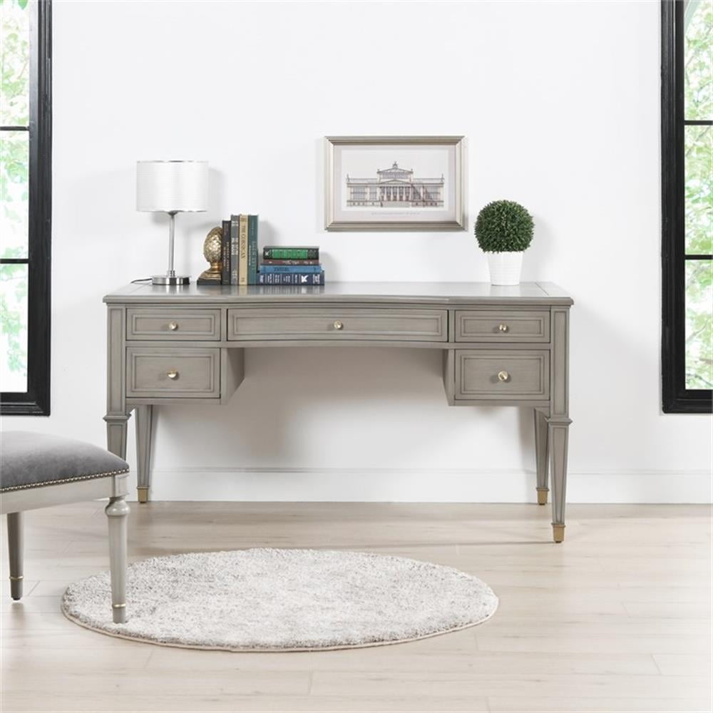 Jennifer Taylor Home Dauphin Gold Accent 5-Drawer Wood Executive Desk Grey Cashmere Rubber Wood & Veneer