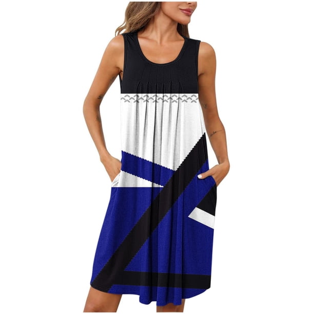 Camisón corto estampado con bolsillos para mujer, sin mangas, con pliegues, cuello redondo, de poliéster