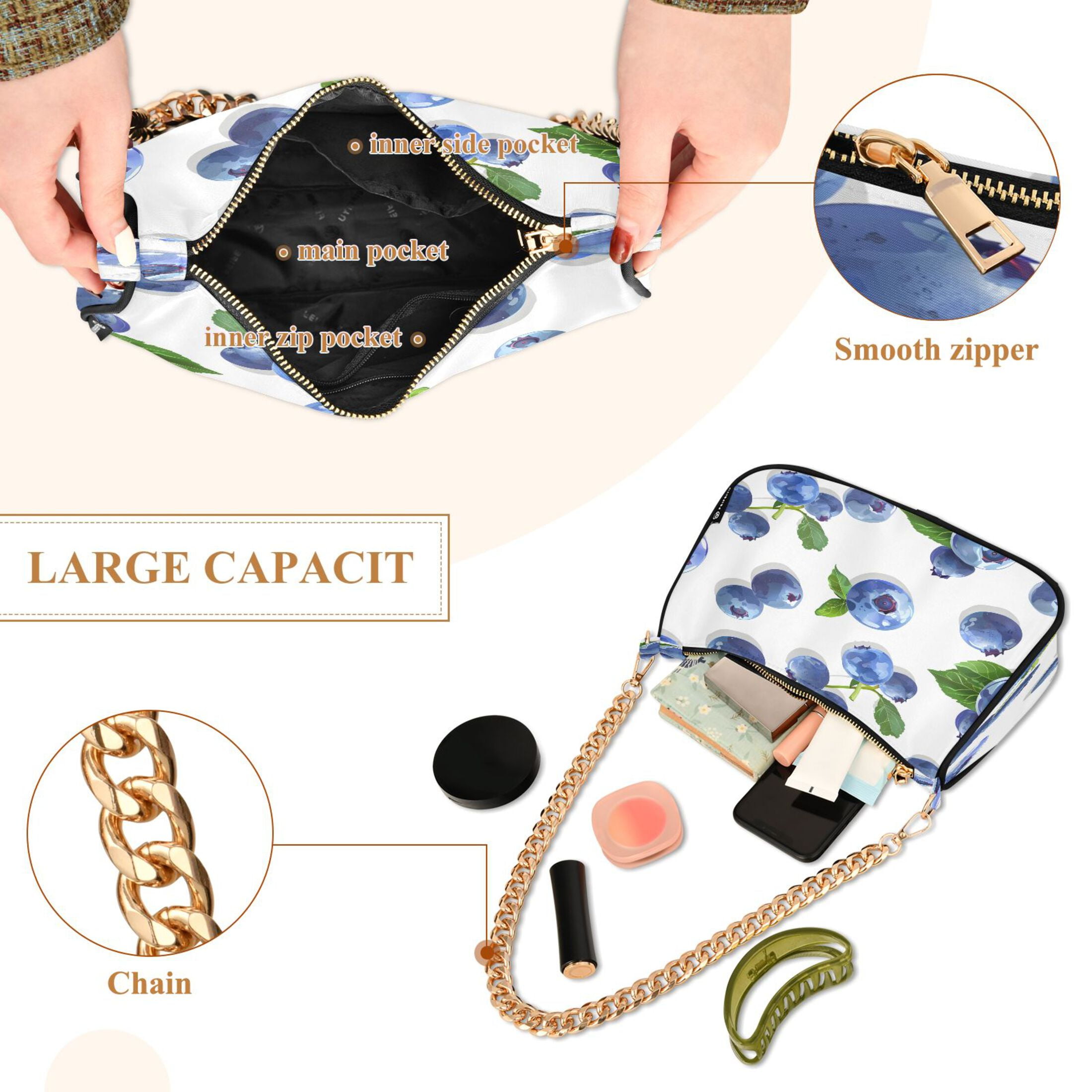 Ryvnso Blueberry Fruits Womens Chain Shoulder Bag Tote Handbags Clutch Hobo Purse with Zipper for Travel