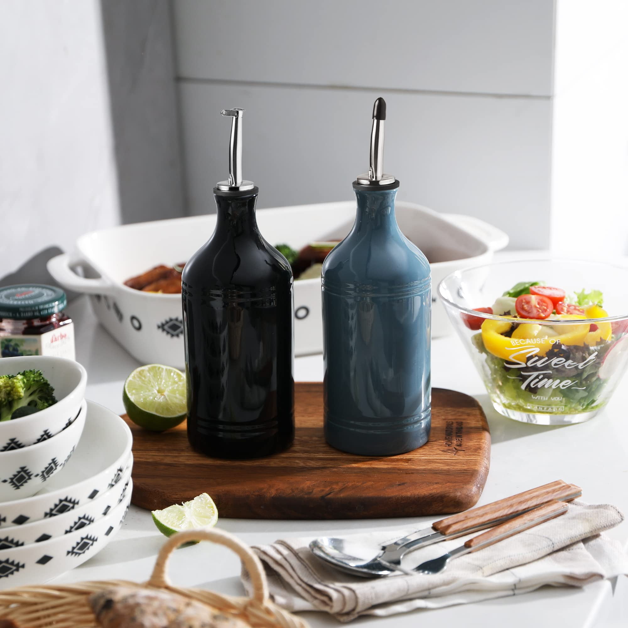 Ceramic Olive Oil Dispenser Bottle  Opaque Cruet Protects To Reduce Oxidation Suitable For Storage Vinegar Coffee Syrups & Other Liquids Pack Of 1 15.5 Fl Oz (fog Blue)