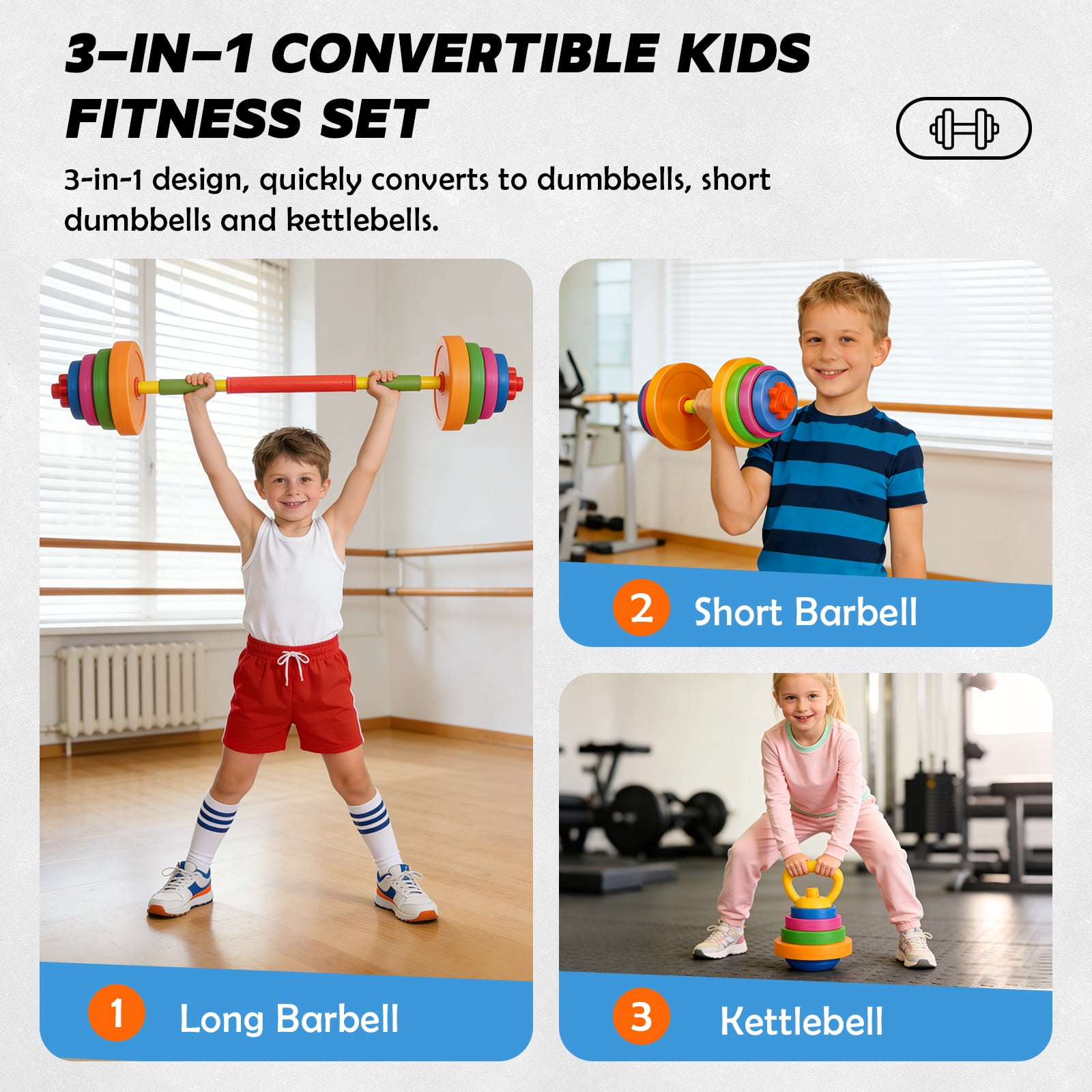 AuntyFey 3-in-1 Kids dumbbell Fitness Set with Adjustable Barbell, Kids Gym Equipment for Pretend Play