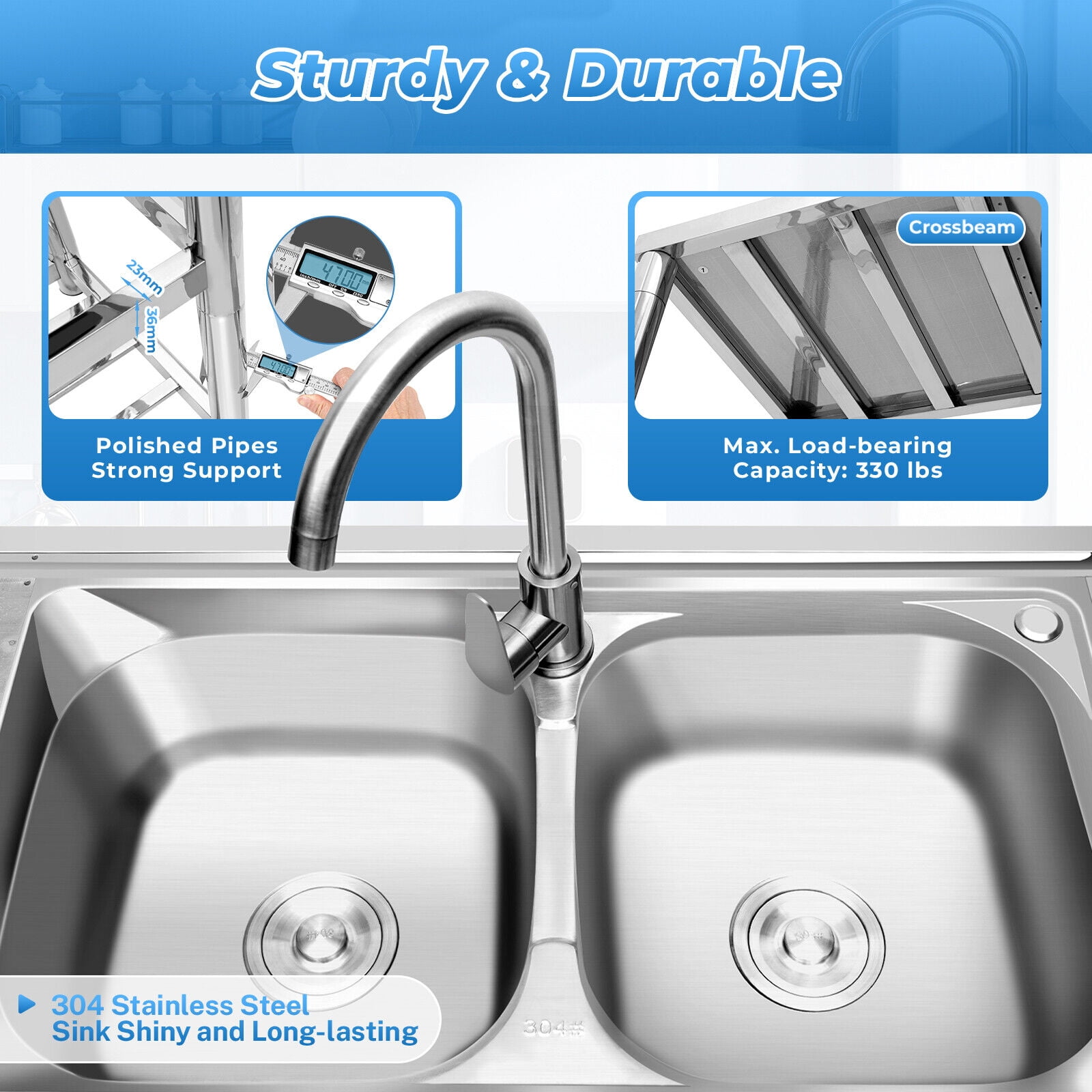 47in Free Standing Utility Sink, Double Bowl Commercial Restaurant Kitchen Sink Set for Indoor Outdoor W/ Faucet