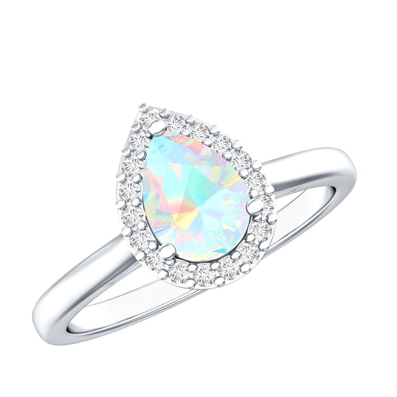 Rosec Jewels Natural Ethiopian Opal Pear Shaped Engagement Ring with Halo - 5X7 mm - Opal Diamond Ring - AAA Quality, 925 Sterling Silver, US 4.00