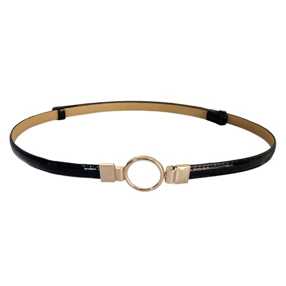 IQOGKRN Women's Slim Faux Leather Waist Belt with Gold Ring Buckle Thin Decorative Dress Belt for Dresses Black One Size