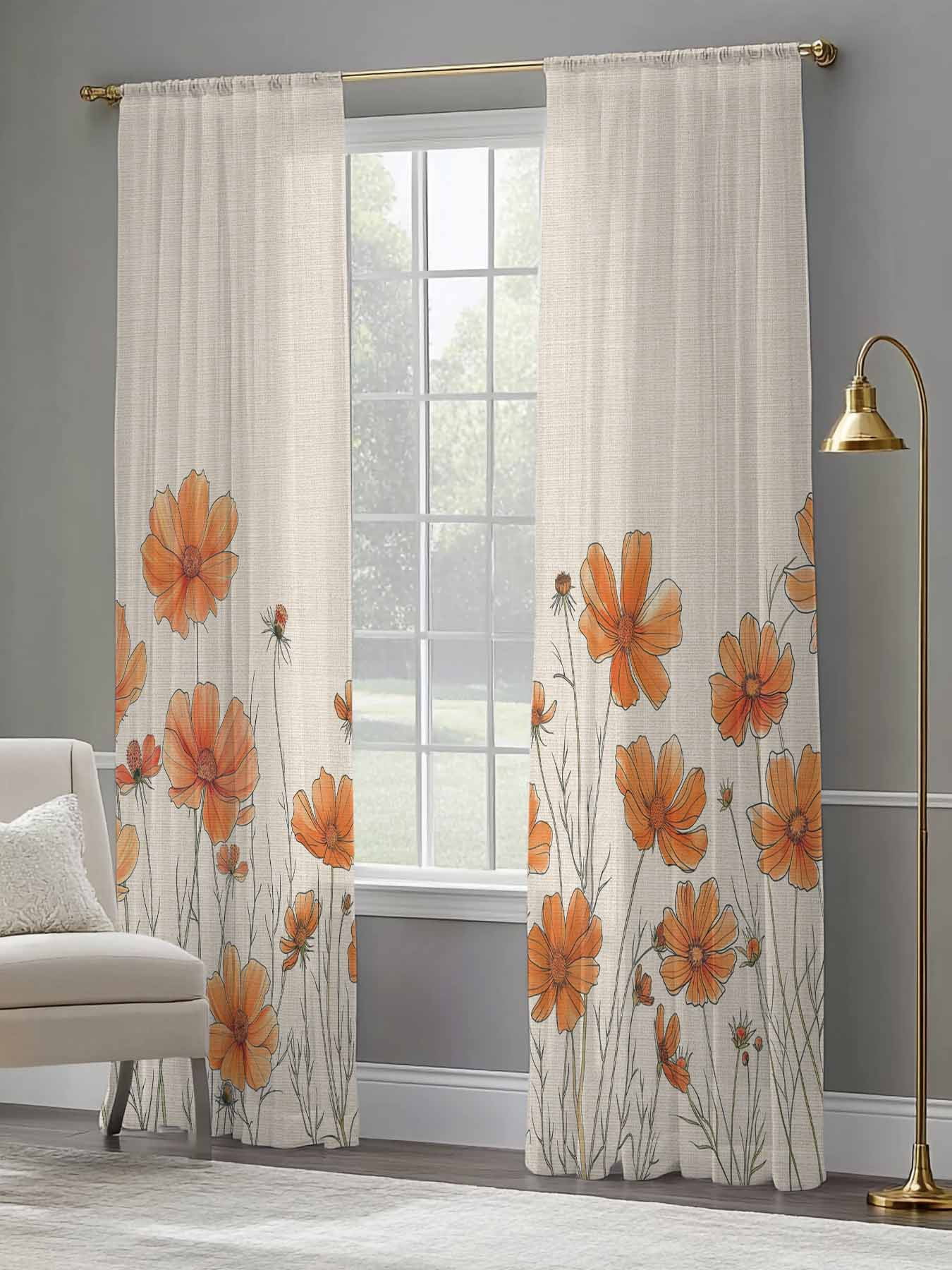 Orange Floral Sheer Curtains 84 inches Long 2 Panels Set Minimalism Watercolor Chrysanthemum Linen Tiers Sheers Rod Pocket Small Window Short Curtains for Kitchen Cafe, Each 52" W x 84" L