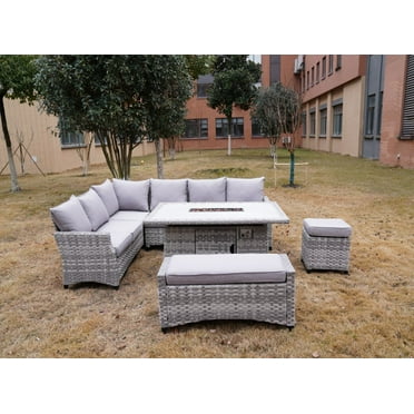 Abrihome 5-Piece Aluminum Material Wicker Outdoor Conversational Sofa Set with Fire Pit Table,Gray