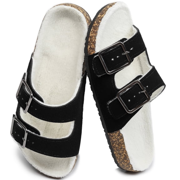 Northblanc Women's Sandals Cork Footbed Fur Lined Slides Double Adjustable Buckle Winter House Shoes