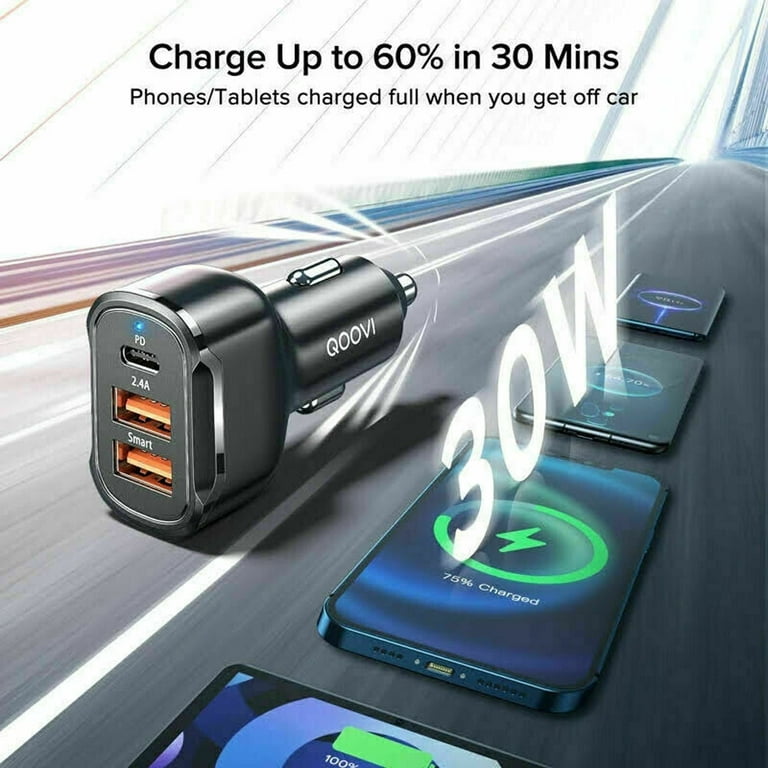 3-Port USB PD 30W Car Charger, Type-C Car Charger Fast Charge