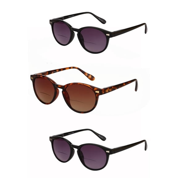 3 Pair of "The Brilliance" Bifocal Sunglasses - Round, Full Frame Reading Sunglasses - Black/Tortoise - 2.50