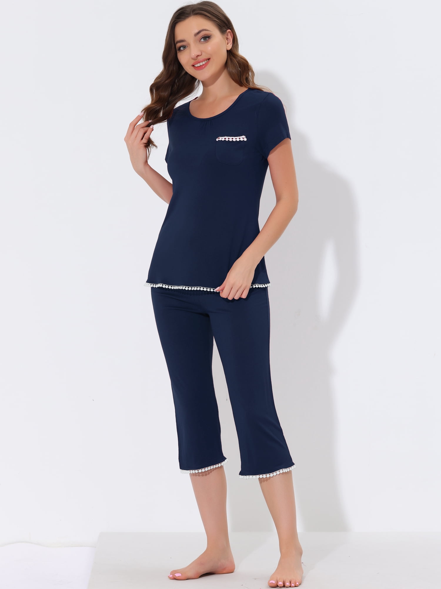 DARING DIVA Women's Round Neck Casual Pajama Sets M Navy Blue