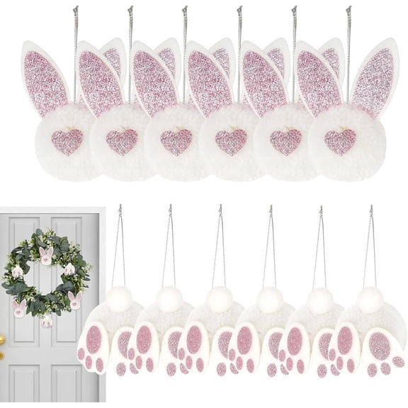 12 Pcs Easter Hanging Ornaments, Plush Bunny Ears & Tail Decor with Ribbon Loop, Soft Lightweight Easter Tree & Home Decorations