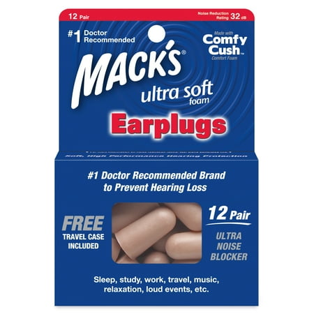 Mack's Ultra Soft Foam Earplugs, 12 Pair - 32dB Highest NRR, Comfortable Ear Plugs for Sleeping, Snoring, Travel, Concerts, Studying, Loud Noise, Work