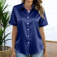 thumbnail image 4 of Women's Satin Blouse Tops Shirts Short Sleeve Button Down Solid Color Silk Satin Business Casual Office Work Daily Wear Elegant Dressy 2025 Trendy Regular Fit Shirt Dark Blue B M, 4 of 7