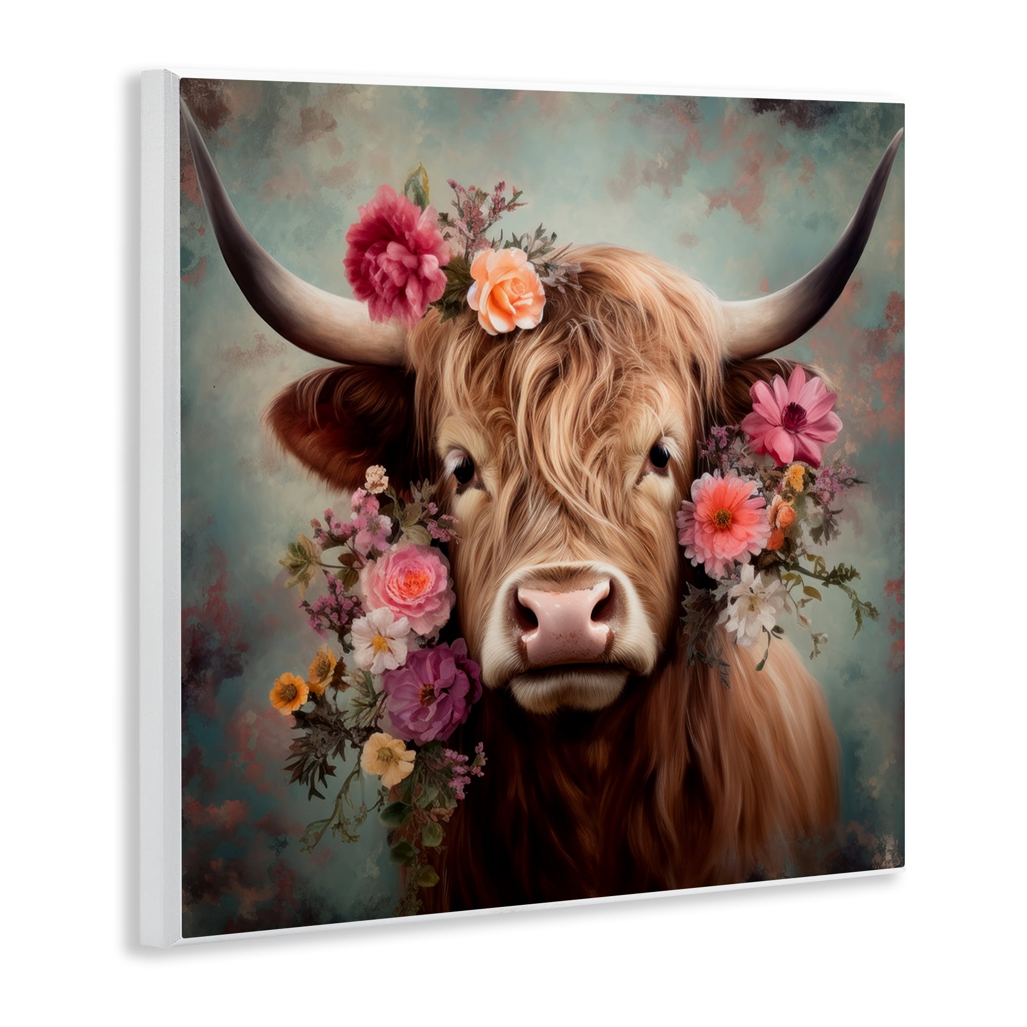 Stupell Industries Cattle with Gerbera Daisies Animals & Insects Painting Unframed Art Print Wall Art, 12 x 12