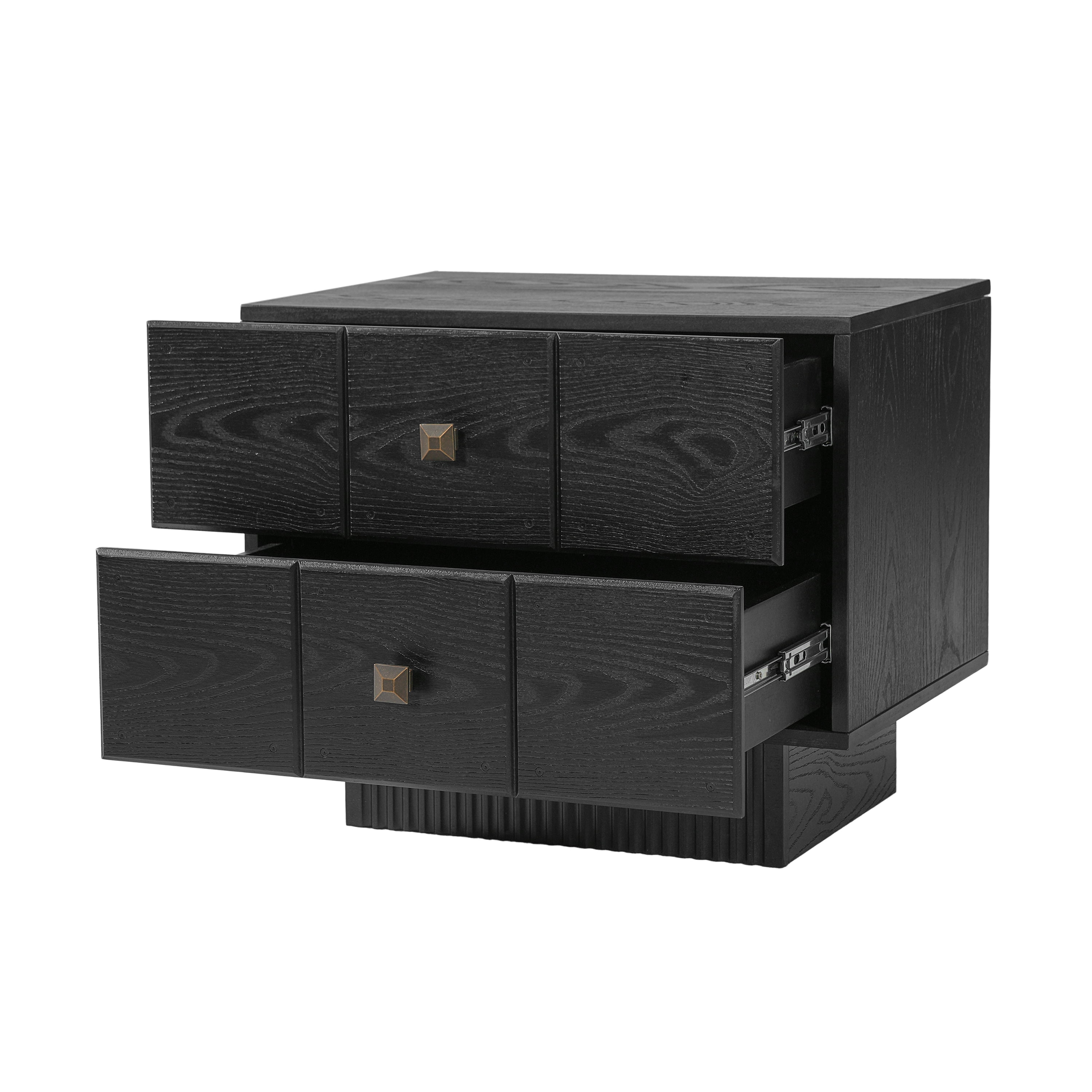 Euroco Mid-Century Nightstand with 2 Drawers, 24" Wide Bed Side Table with Fluted Pedestal,Wood Storage End Table Dresser for Bedroom,Living Room,Black