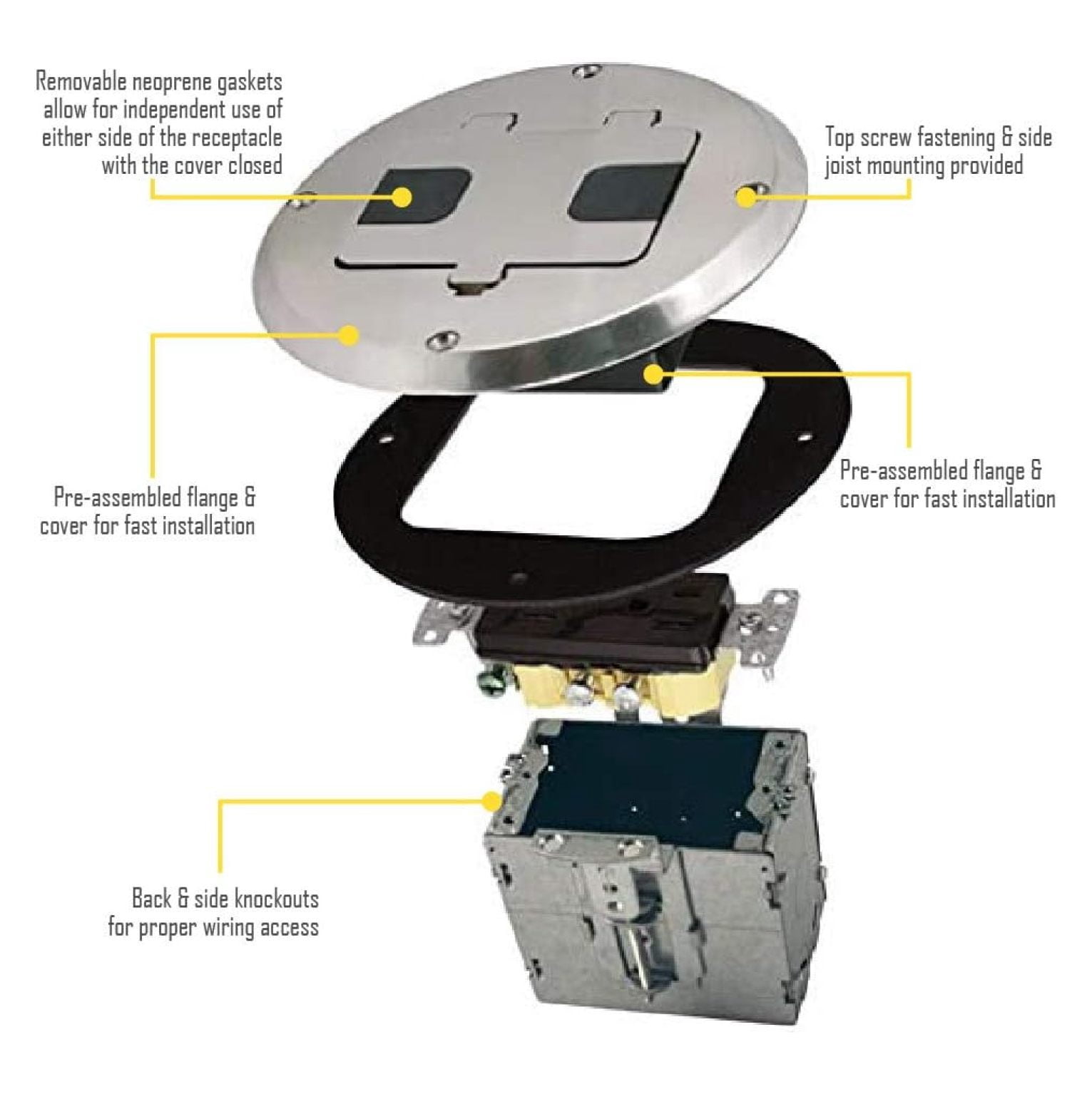 6239NI Floor Kit with Recessed Duplex 15A TR Device and Adjustable Steel Box, 1-Gang, Floor Box Kit Nickel