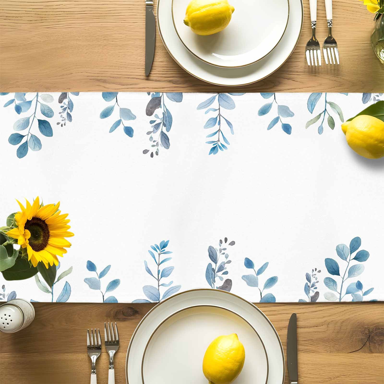 Pastoral Blue Eucalyptus Leaves Table Runner 90 Inches Long, Idyllic Botanical on White Table Runners Tabletop Scarf Kitchen Dining Tables Decoration for Home Party Indoor Outdoor
