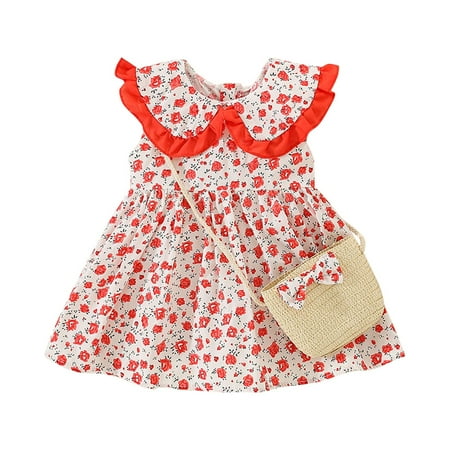 

QIPOPIQ Girls Clothes Clearance Sleeveless Round Neck Dress Summer Toddler Baby Girl Summer Out Lace Doll Collar Bow Floral Dress With Hat Holiday Outfits For Girls