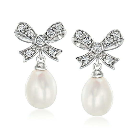 Ross-Simons 8-9mm Cultured Pearl and .30 ct. t.w. White Topaz Bow Drop Earrings in Sterling Silver, Women's, Adult