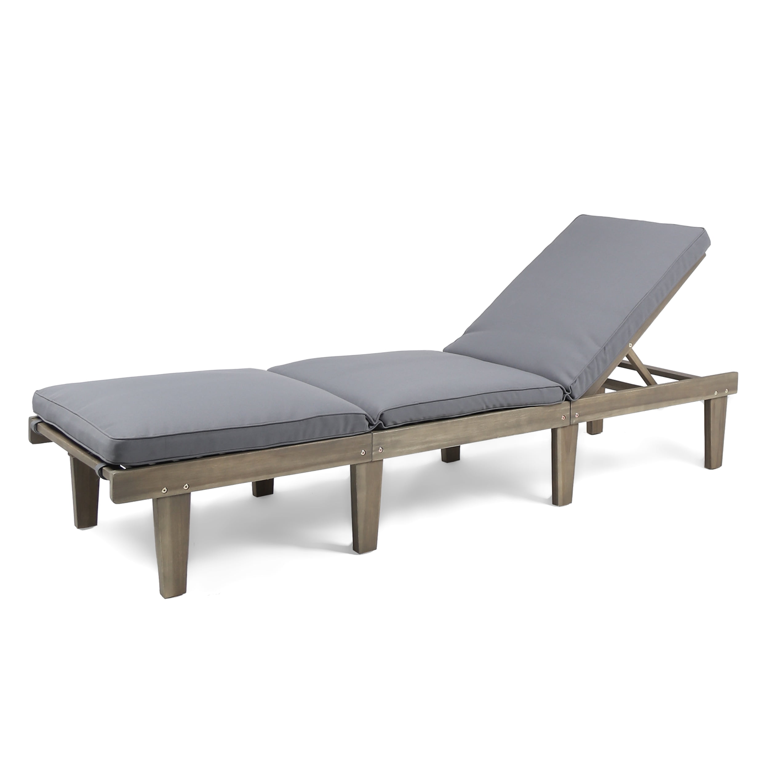 Outdoor Cushioned Wood Frame Chaise Lounge, Comfort Poolside Recliner for Patio Garden, Grey