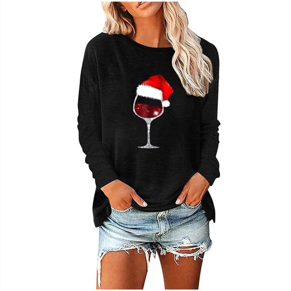 Long Sleeve Loungewear Women Wine Glass Christmas Sweatshirt Funny Christmas Pullover Tee Xmas Santa Hat Graphic Blouse Tshirt Tops Womens Dressy Tops and Blouses S-34 Black XXL