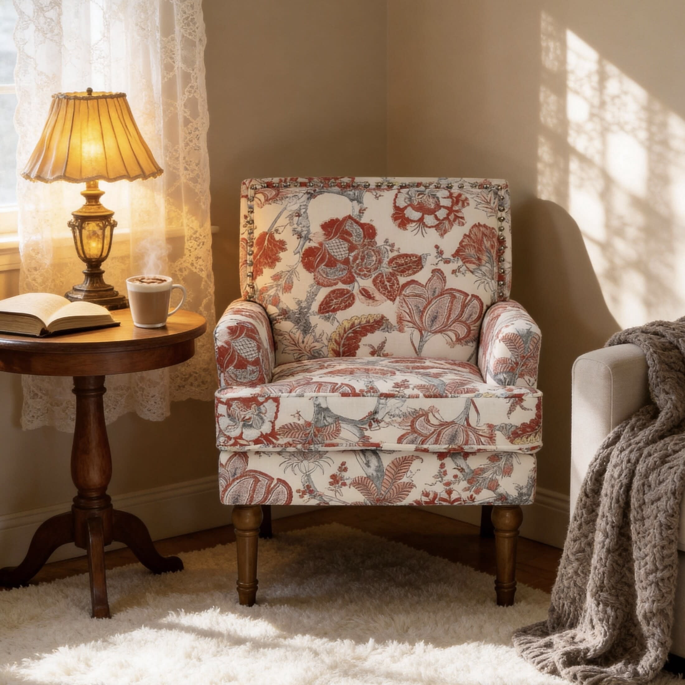 Noble House Floral Accent Chair with Nailhead Trim, Solid Wood Legs, Red + White