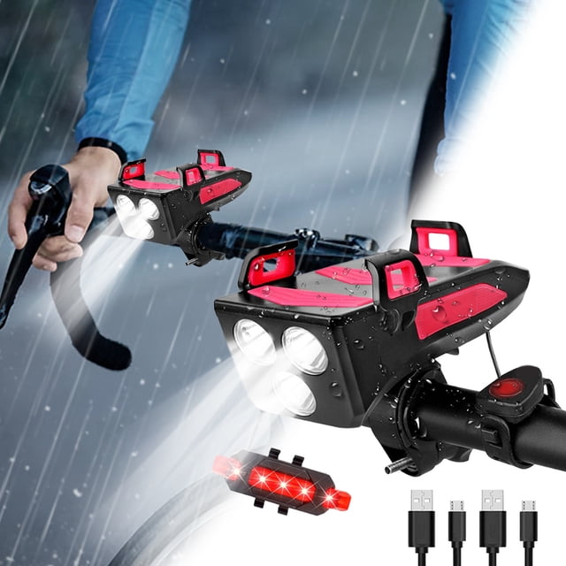Bike Light 4 in 1 Bicycle Light,Waterproof Bike Headlight Light,USB Rechargeable,LED Light Bike Horn and Power Bank Front Light with Mobile Phone Holder,Built-In Mobile Power,4000mAh Battery
