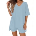 thumbnail image 4 of XUNKUSGA Short Sets for Women Casual Loose 2 Piece Sets for Women Summer Classic Soild Color Oversized V Neck T Shirts Tops Biker Shorts Matching Sets,Blue,S, 4 of 7