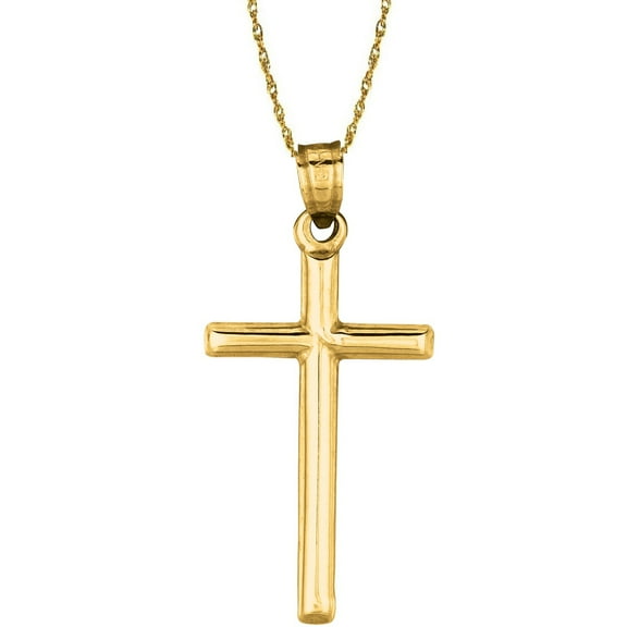 Ritastephens Unisex 14K Real Yellow Gold Tubular Cross Charm Pendant Necklace 18 inches