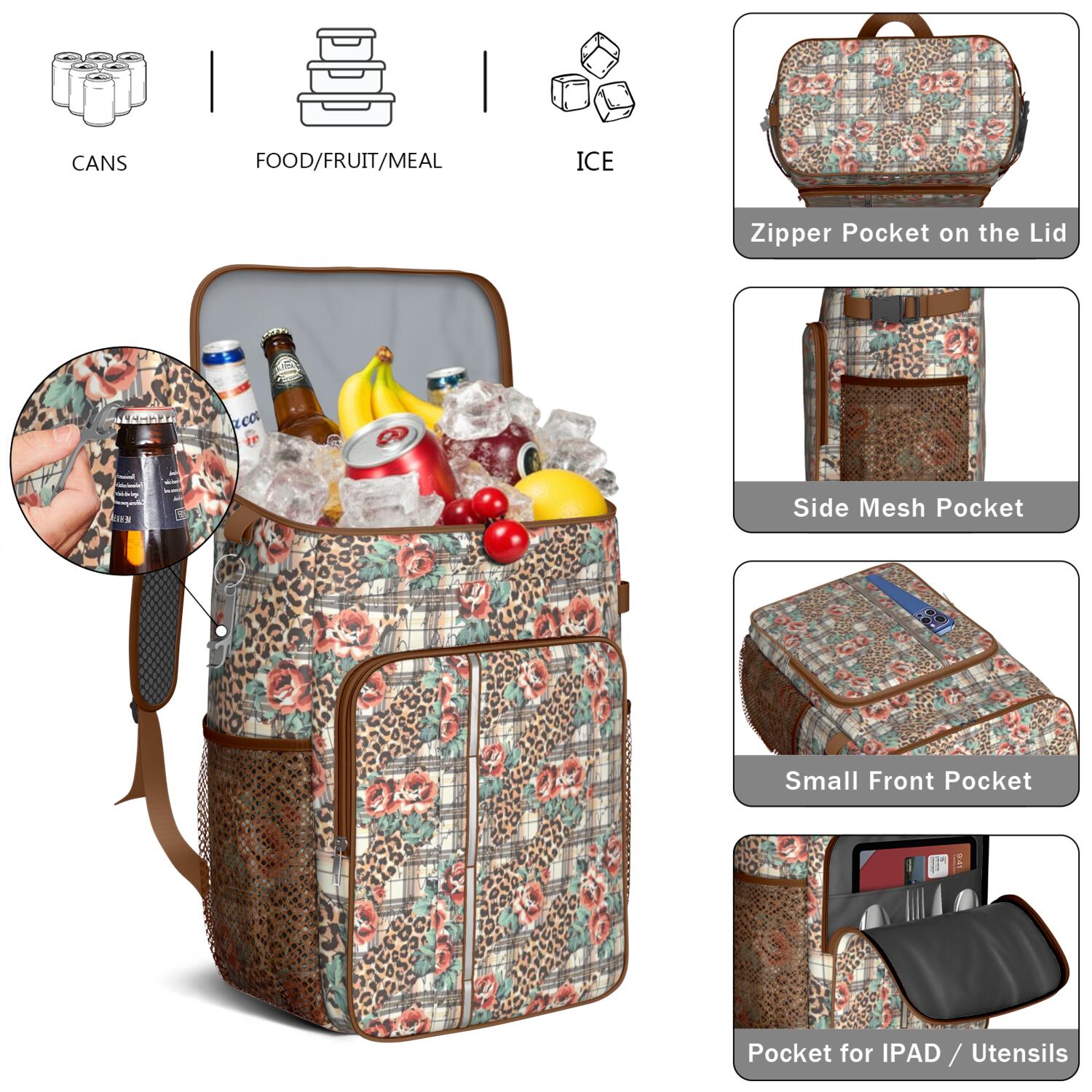 Travel Cooler Bag - Pioneer Flower Floral Print Pattern Camping Beer Cooler Backpack with Bottle Opener- Waterproof Insulated Picnic Backpacks - Cooler Bag for Beach