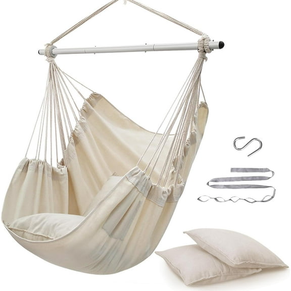 WarmHaven Hammock Chair Swing (500 lbs Max-2 Cushions) - Hanging Hammock Chair Rope Swing Indoor for Bedroom, Outdoor, Patio, Bedroom, Porch, Deck - Sturdy Steel Bar with Anti-Slip Safety Rings