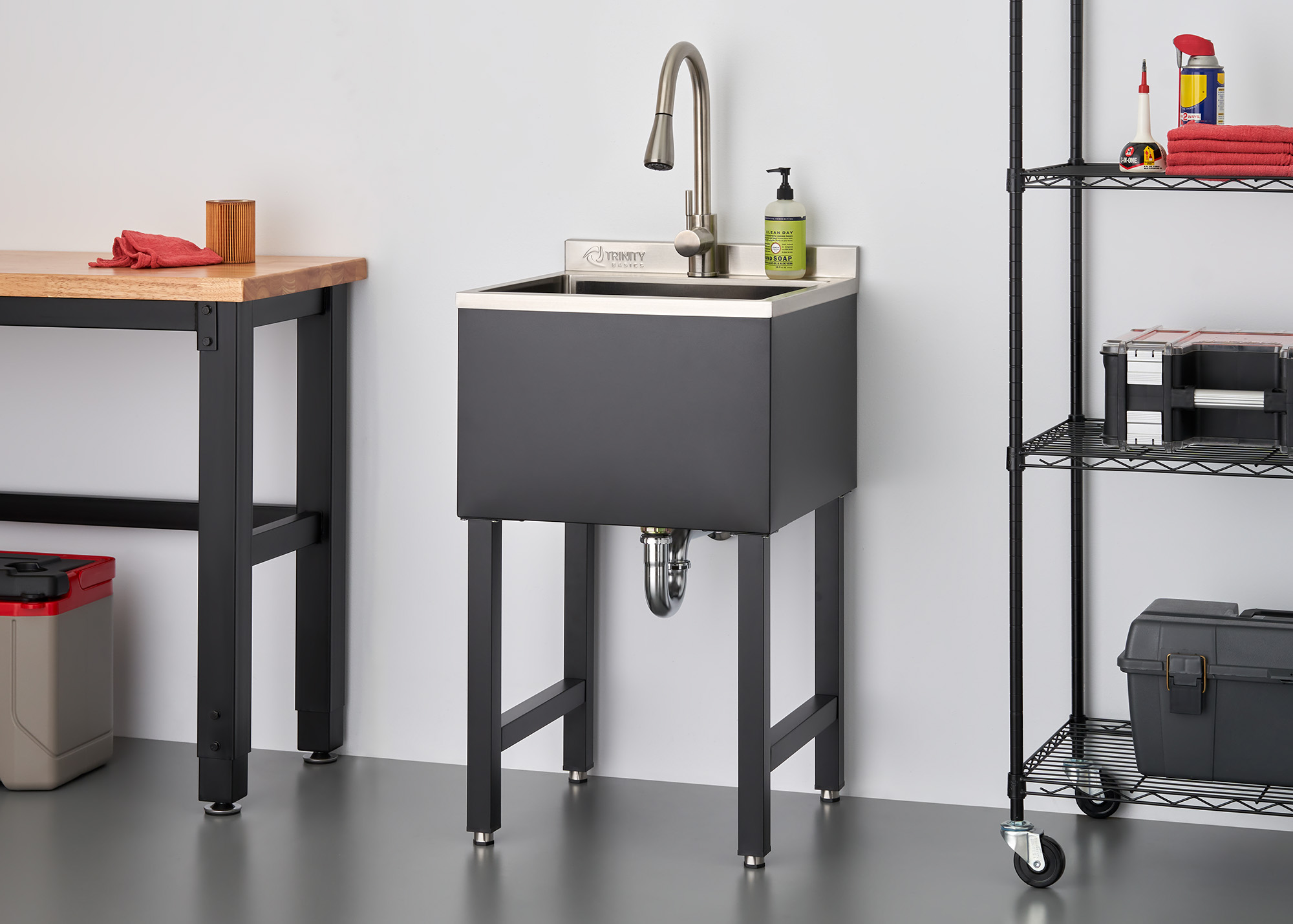TRINITY BASICS | 18x16x13 Basin | Stainless Steel Utility Sink | NSF | w/ Pull-Out Faucet | Black