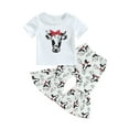 thumbnail image 2 of Gueuusu Western Toddler Baby Girls Outfits Short Sleeve Letter Printed T-Shirt Top Cow Print Bell Bottom Pants Clothes Set (Bow , 2-3 Years ), 2 of 9