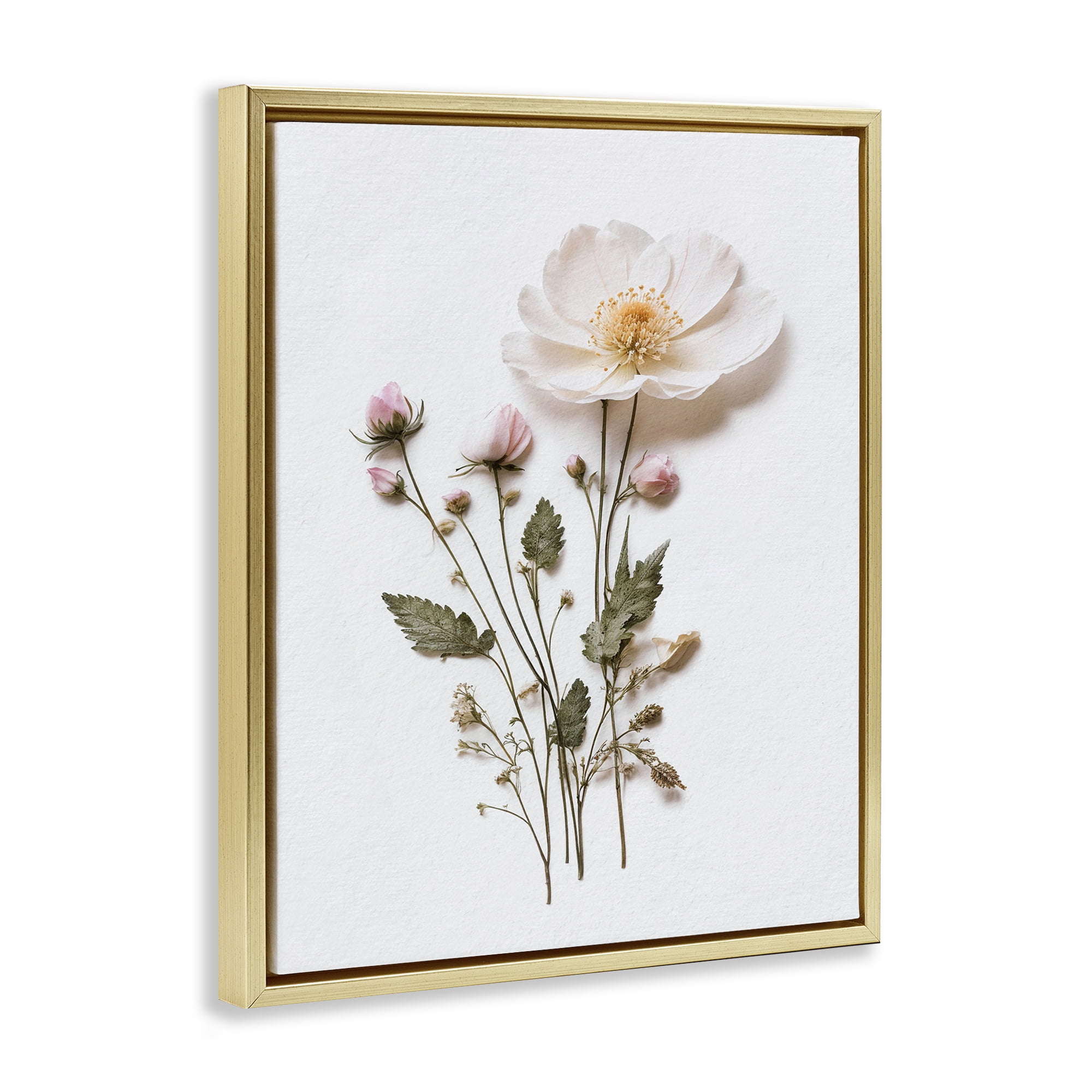 Simple Pressed Flowers Gold Framed Floater Canvas Wall Art, design by Lettered and Lined