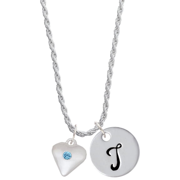 Delight Jewelry Silvertone Large March - Hot Blue Crystal Heart Silvertone Script Initial Disc - T - Charm Necklace, 20" 3"