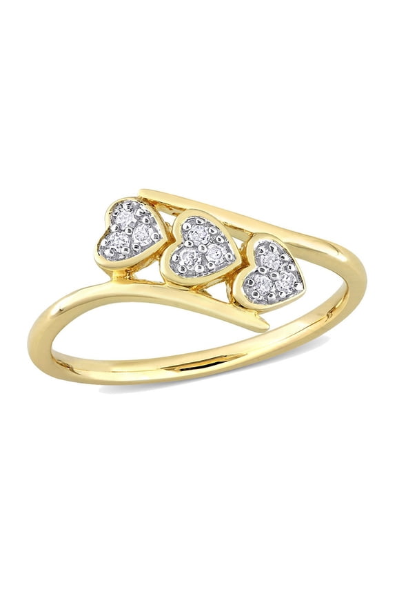 1/10 Carat (Ctw) Diamond Triple Heart Bypass Promise Ring in Yellow Plated Silver for Women