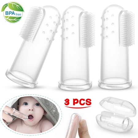 LNKOO 3 PCS Baby Finger Toothbrushes Infant Toddlers Teeth Brushes Soft Baby Tongue Cleaners with Cases for Baby Oral Cleaning Tooth Training Supplies