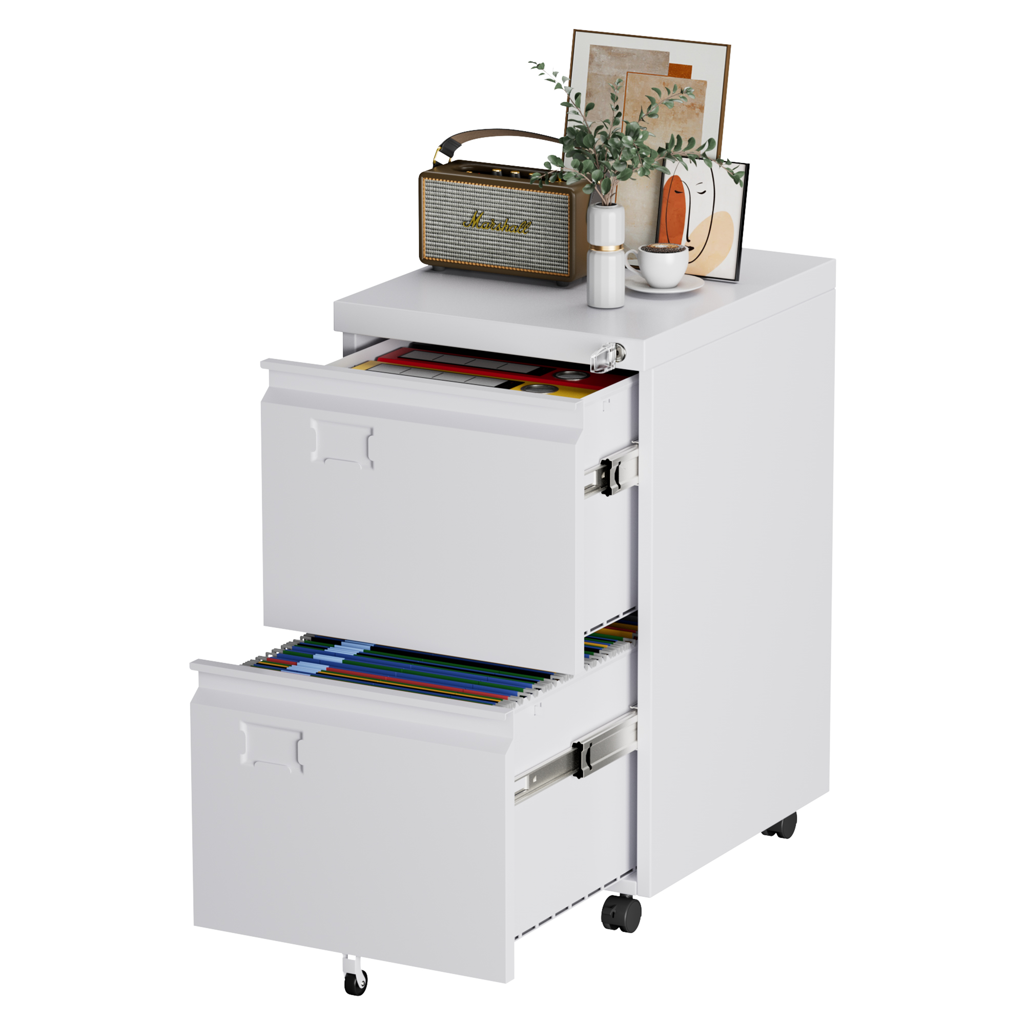 HUAXRON 2 Drawer Black Mobile File Cabinet with Lock, Under Desk Metal Movable Filing Cabinet, Lateral Storage Cabinet for Home Office, Assembly Required (White)