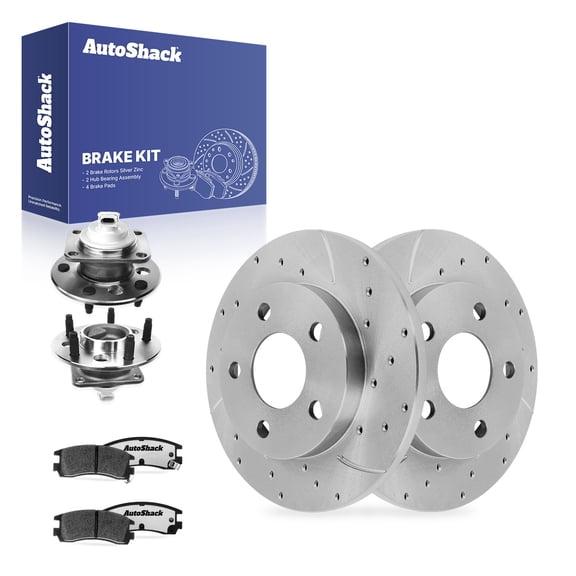 AutoShack Rear Brake Rotors, Ceramic Pads & Hub Bearing Assemblies for Chevrolet, Impala 2010, FWD V6 3.5L 3.9L - Silver Zinc Coated Drilled & Slotted - SilverShield Pro - 10.63" (269.9 mm), 5-Lug