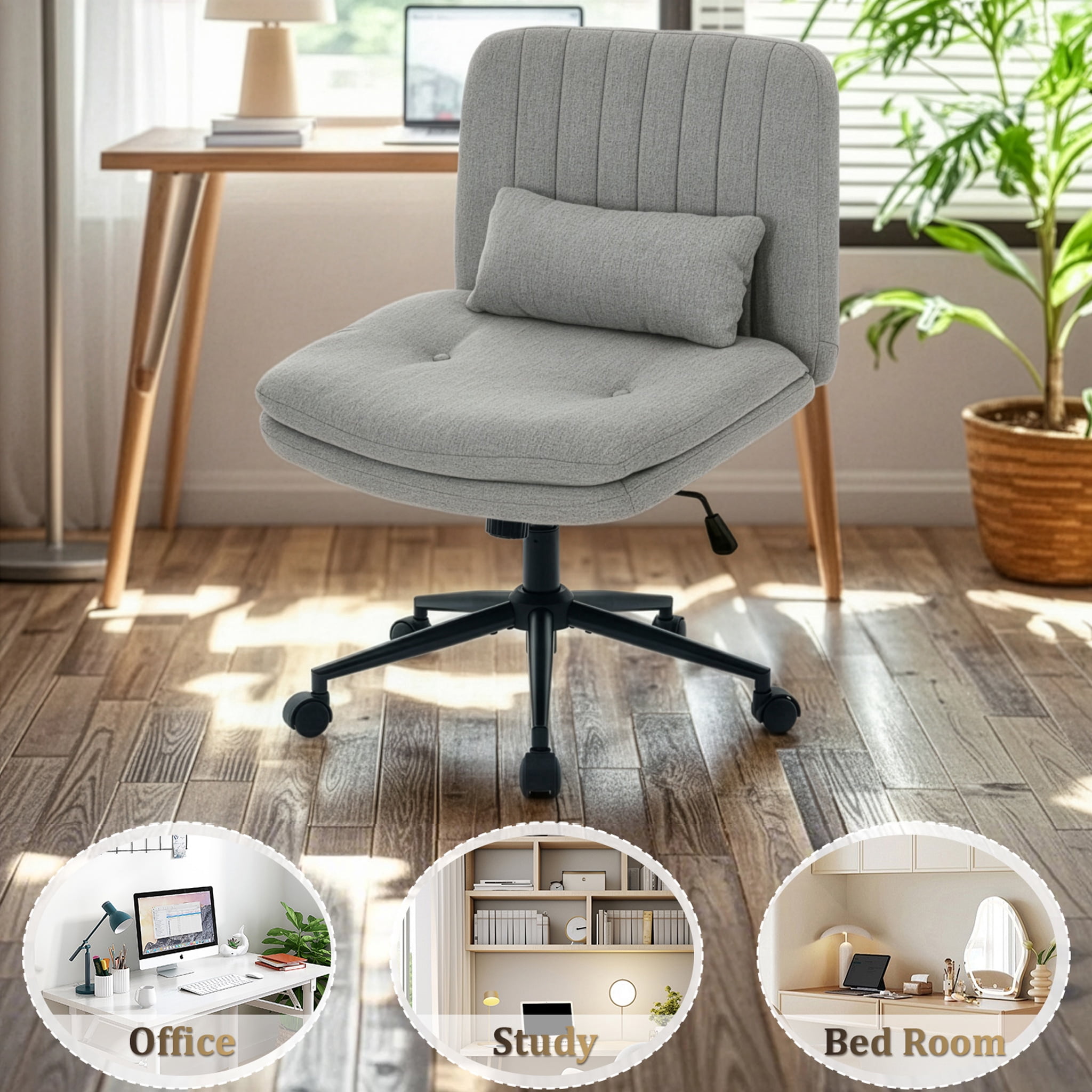 IPKIG Small Armless Criss Cross Chair, Adjustable Swivel Home Office Desk Chair with Lumbar Support Pillow for Computer, Living Room, Linen Gray