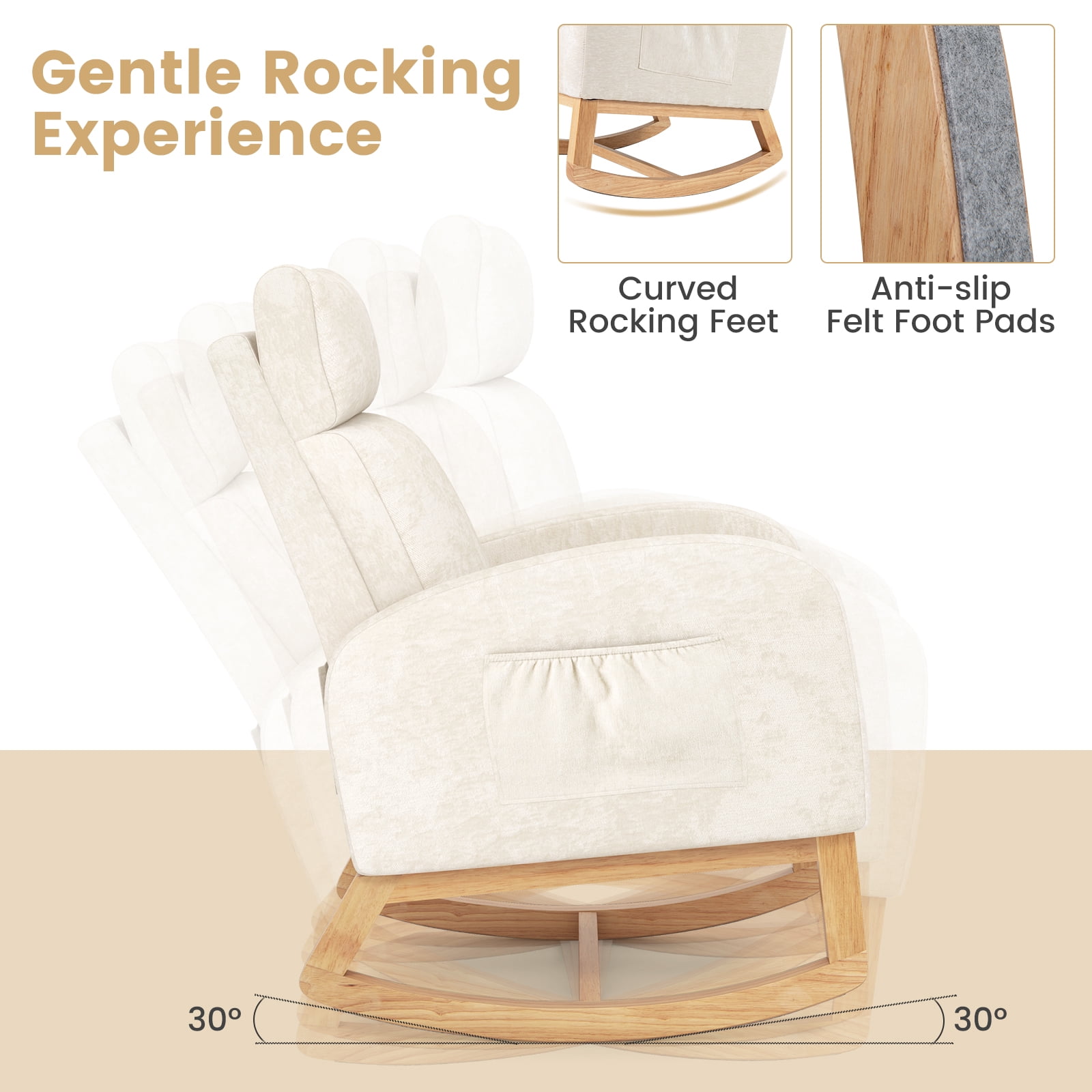 Gymax 2PCS Nursery Rocking Chair Upholstered Chenille Rocker Armchair w/ Side Pocket