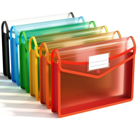 Amaopus 6 Pack Plastic Expanding File Folder, Transparent envelopes with Snap Closure, No Dividers, Large Capacity, Assorted Colors, Fit Letter, A4 Size